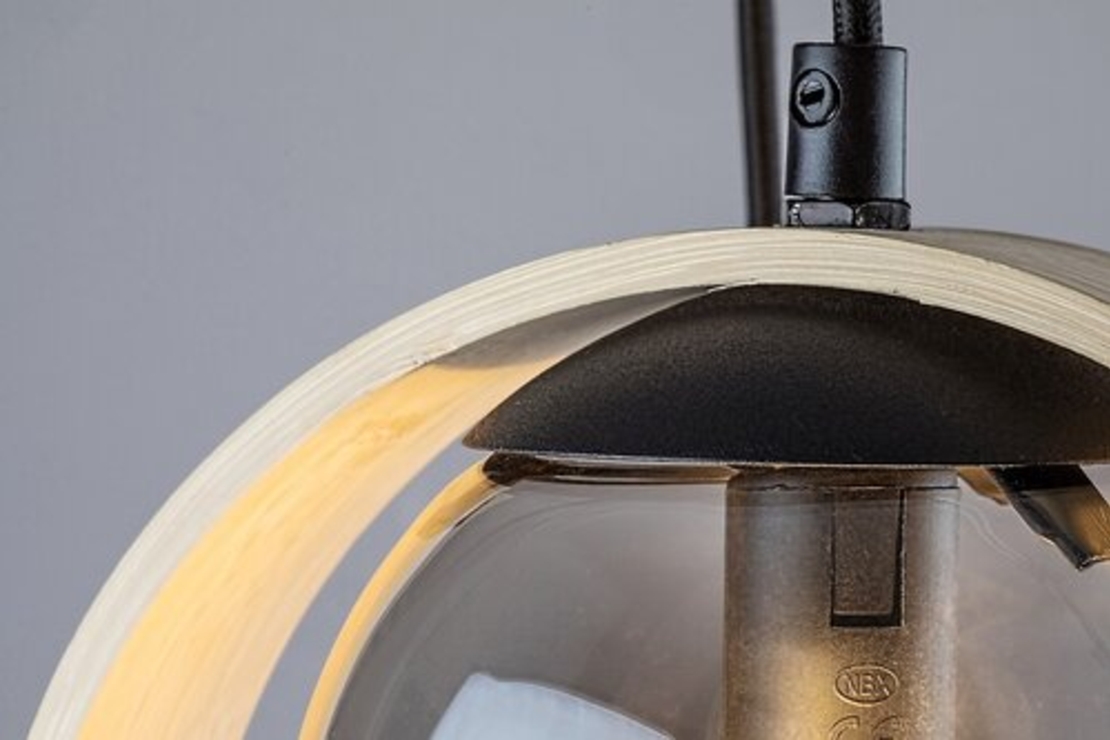 Модерен висящ полилей 3xE14 – метал, дърво и стъкло