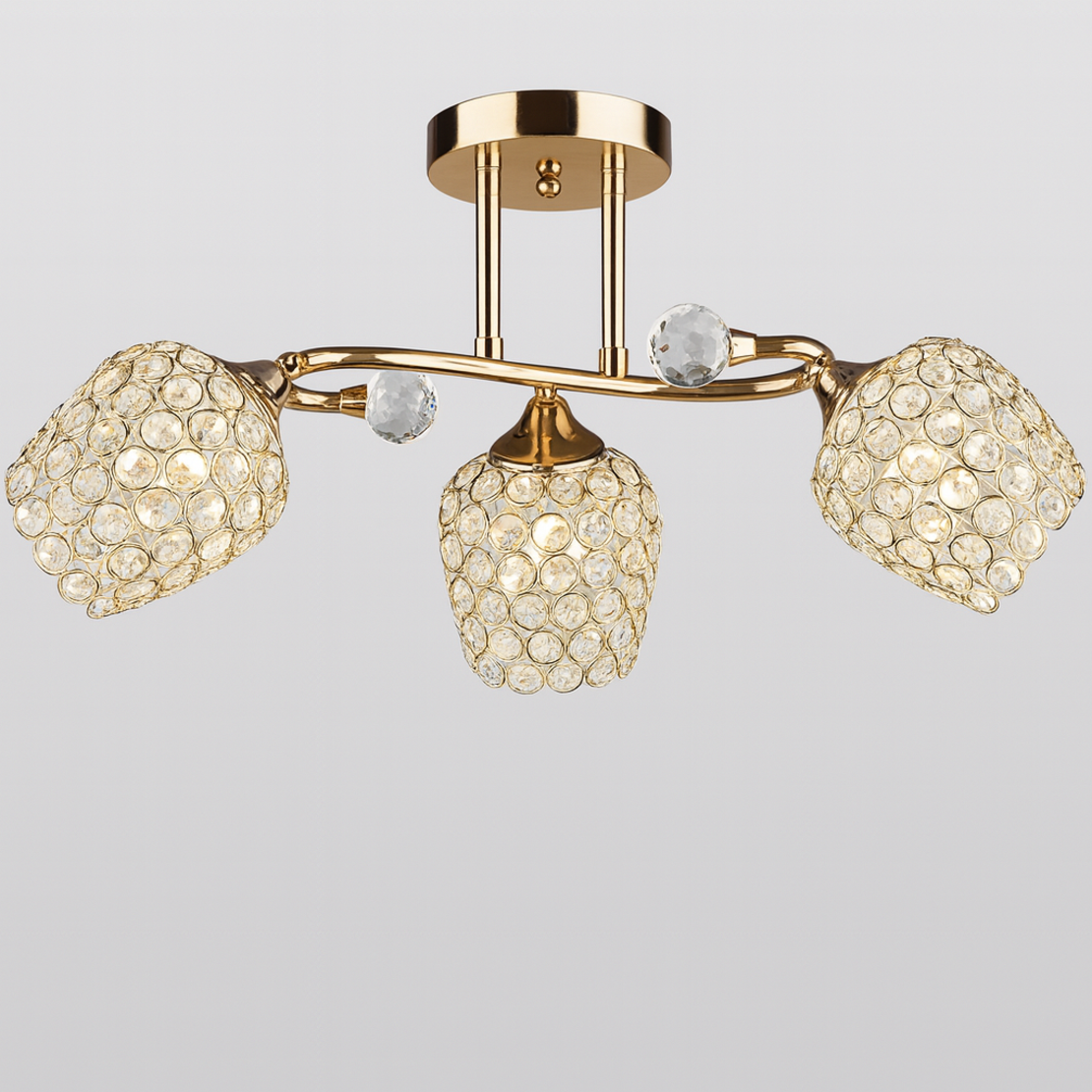 Елегантен троен златист полилей от метал и кристал – 3xE27