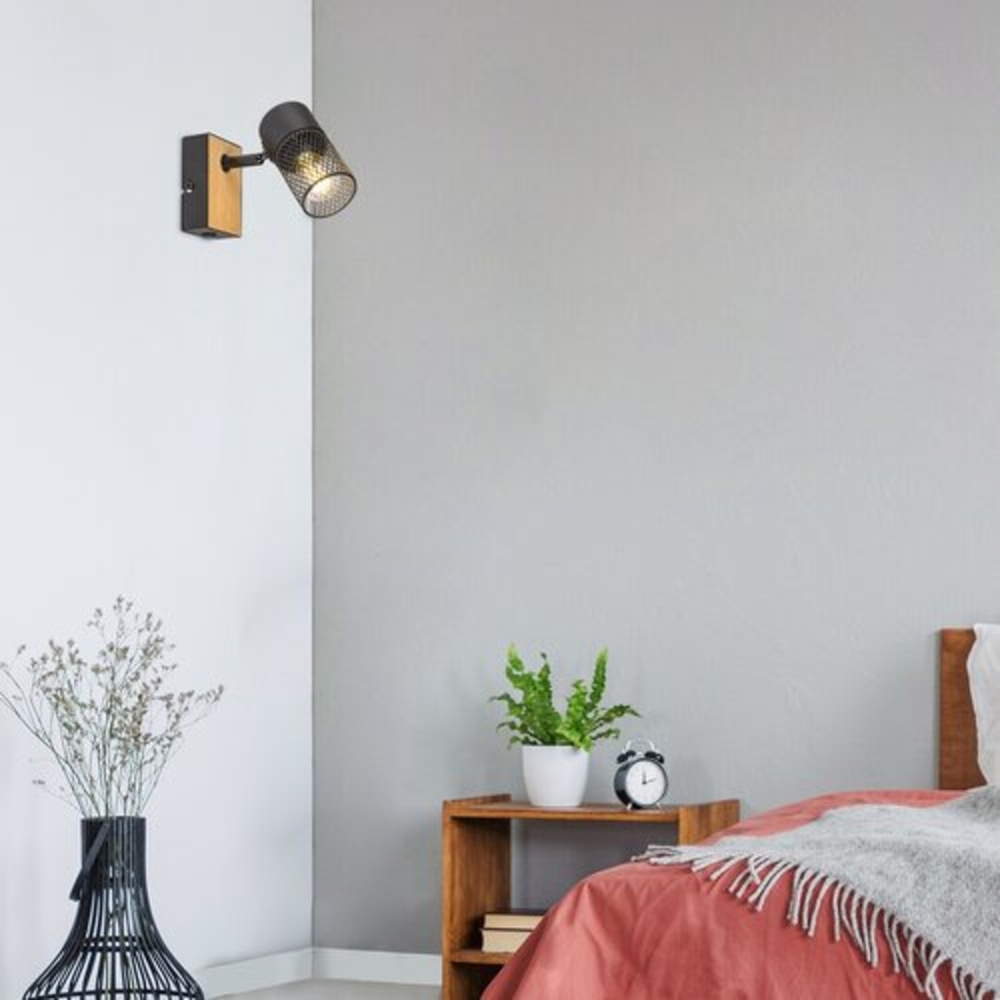 Индустриален стенен спот 1xE14 – метал и дърво в цвят дъб с черен абажур