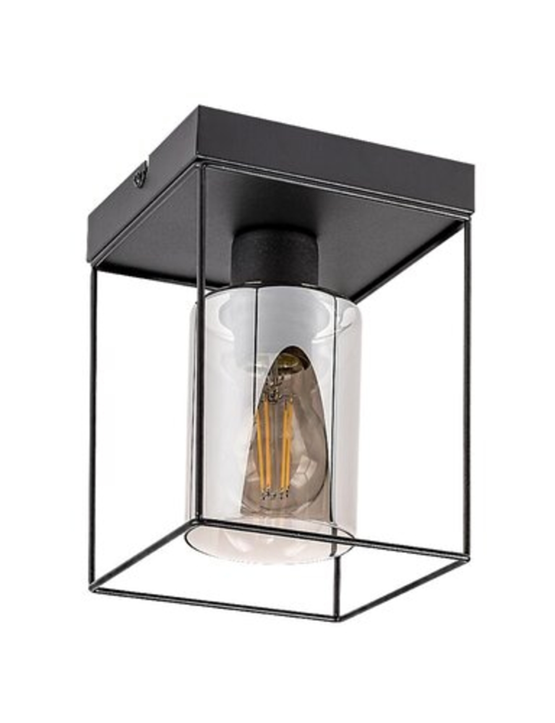 Модерен таванен плафон 1xE27 – черен метал и прозиращо кафяво стъкло