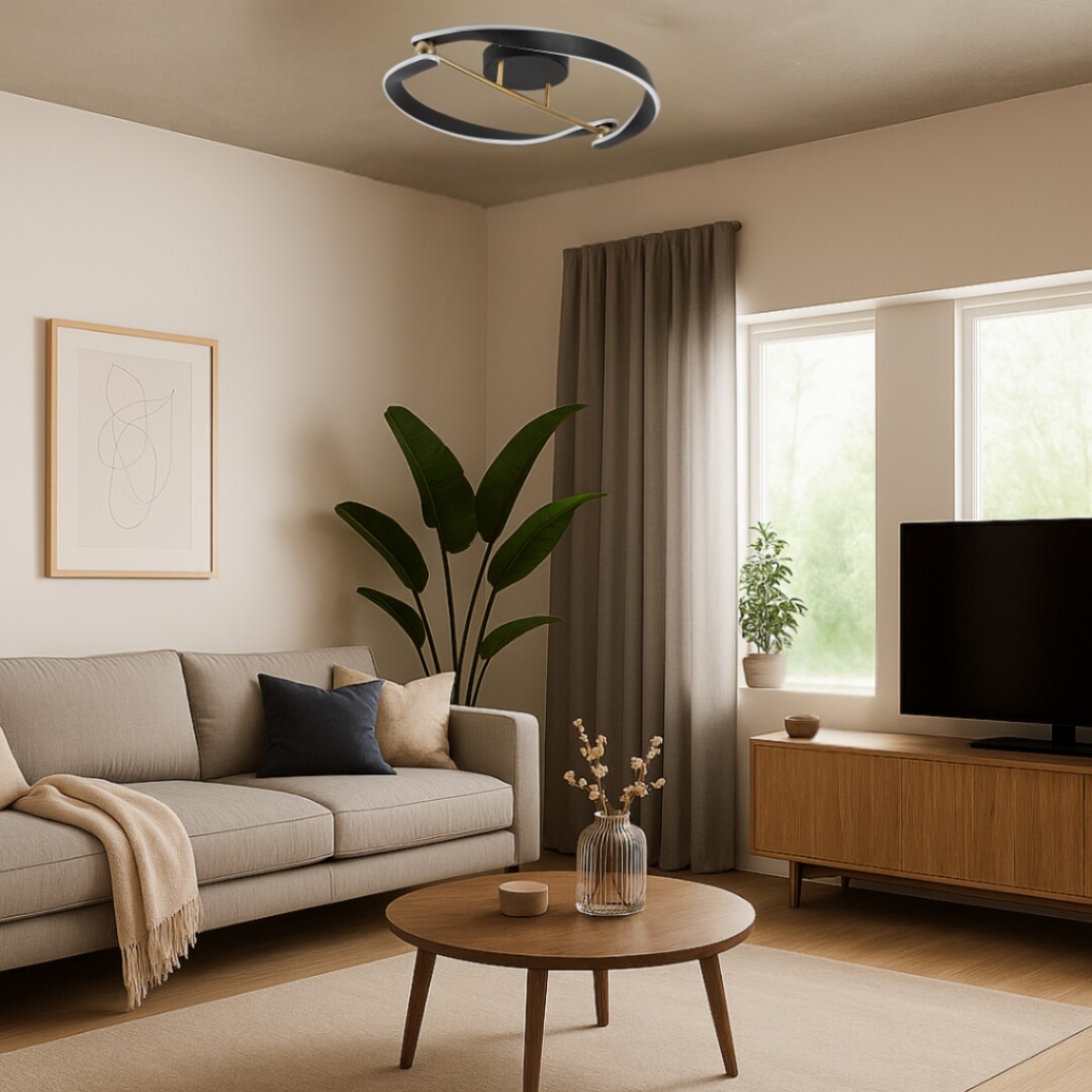 Модерен LED таванен плафон 40W с топло бяла светлина – черен и златен