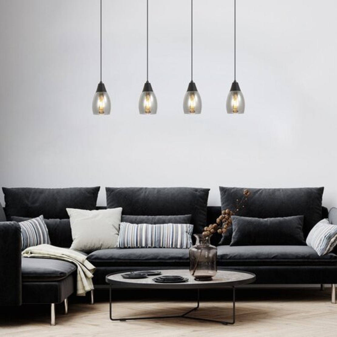 Модерен висящ полилей с 4 светлоизточника – черен с димно стъкло