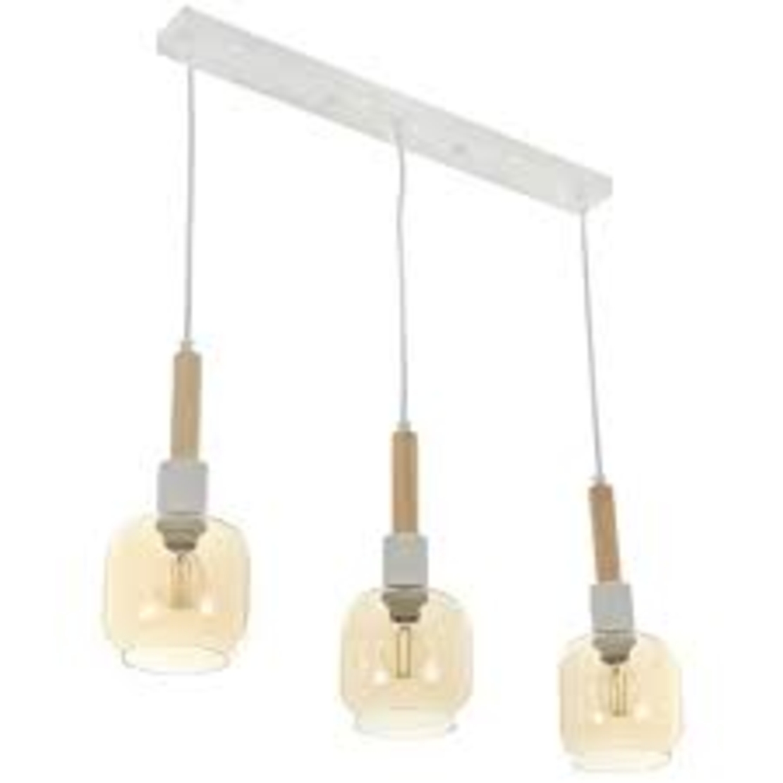 Винтидж полилей от бял метал, дърво и стъкло – 3xE14, регулируема височина