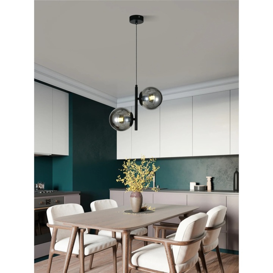 Модерен полилей 2 × E27 със стъклени тела – черен с регулируемависочина