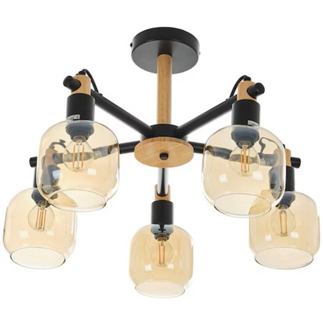 Винтидж таванен полилей – черен метал, дърво и прозрачно стъкло, 5xE14