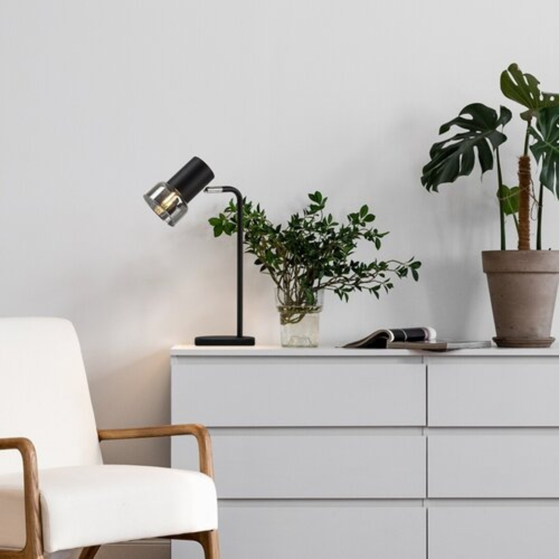 Модерна настолна лампа – E14, 1xMAX15W, IP20, черен метал, стъкло с димен цвят