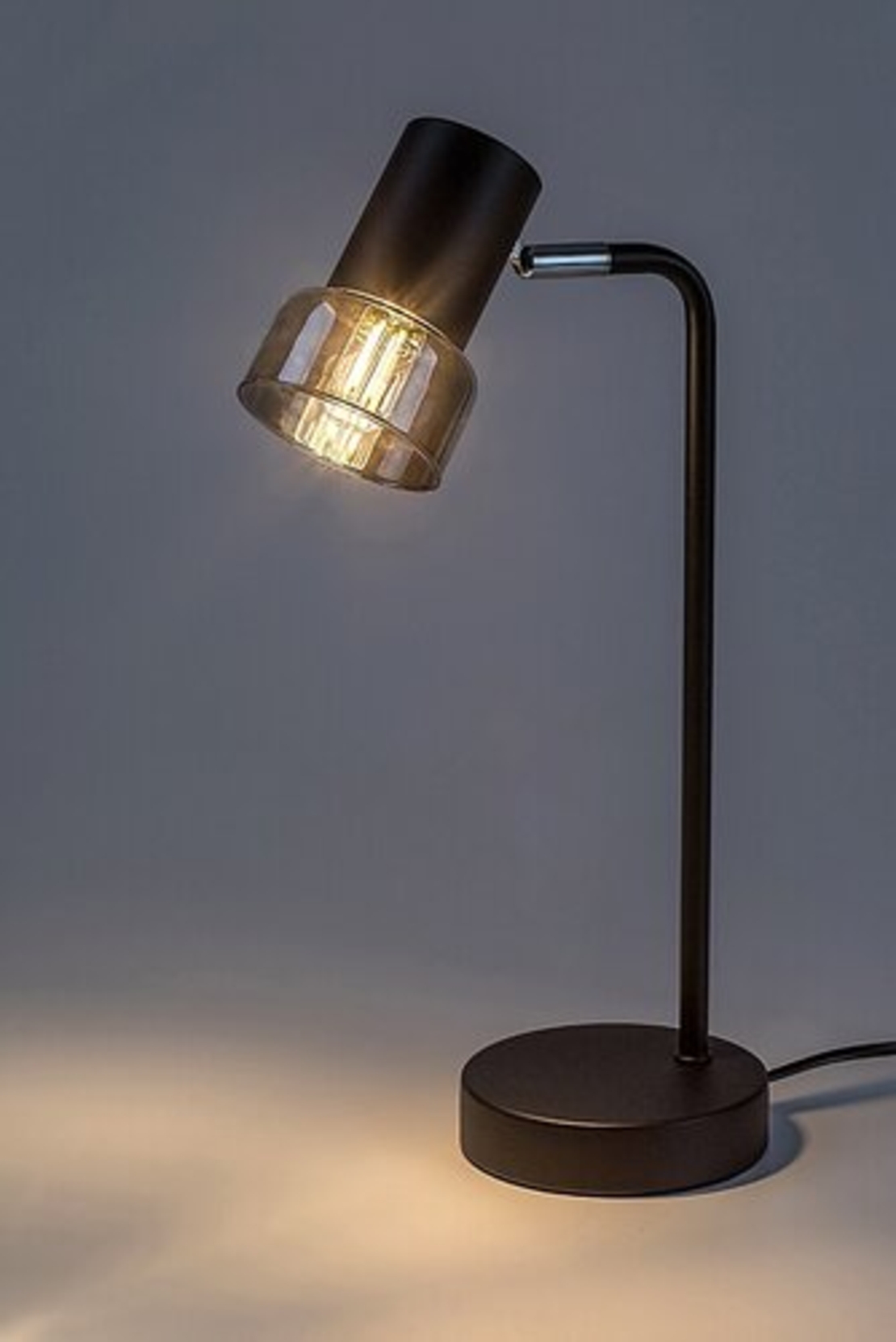 Модерна настолна лампа – E14, 1xMAX15W, IP20, черен метал, стъкло с димен цвят