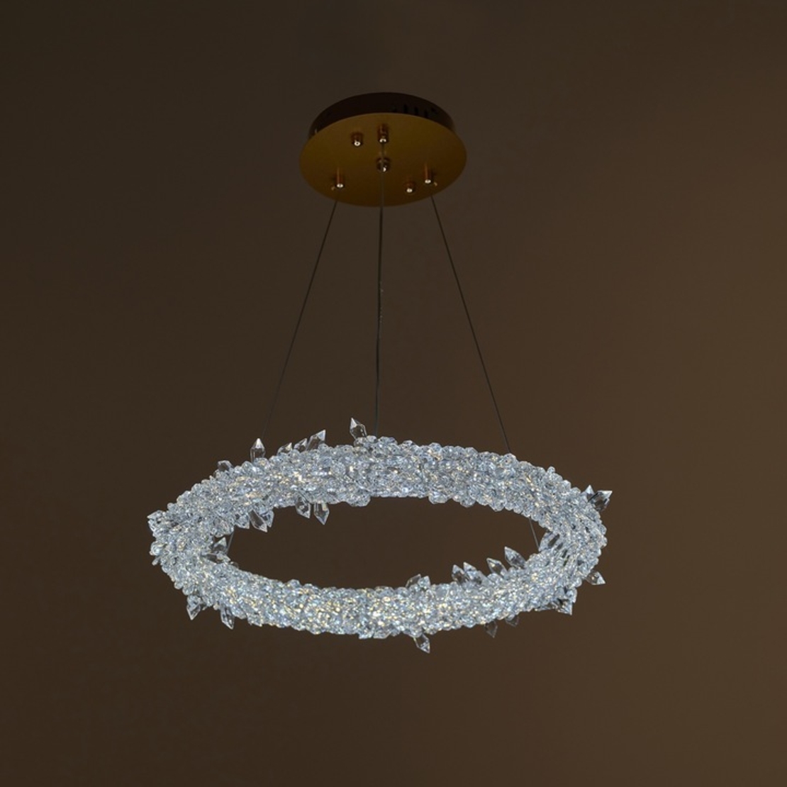 Луксозен LED полилей от метал и кристал – злато, 140W, с дистанционно и регулируема височина