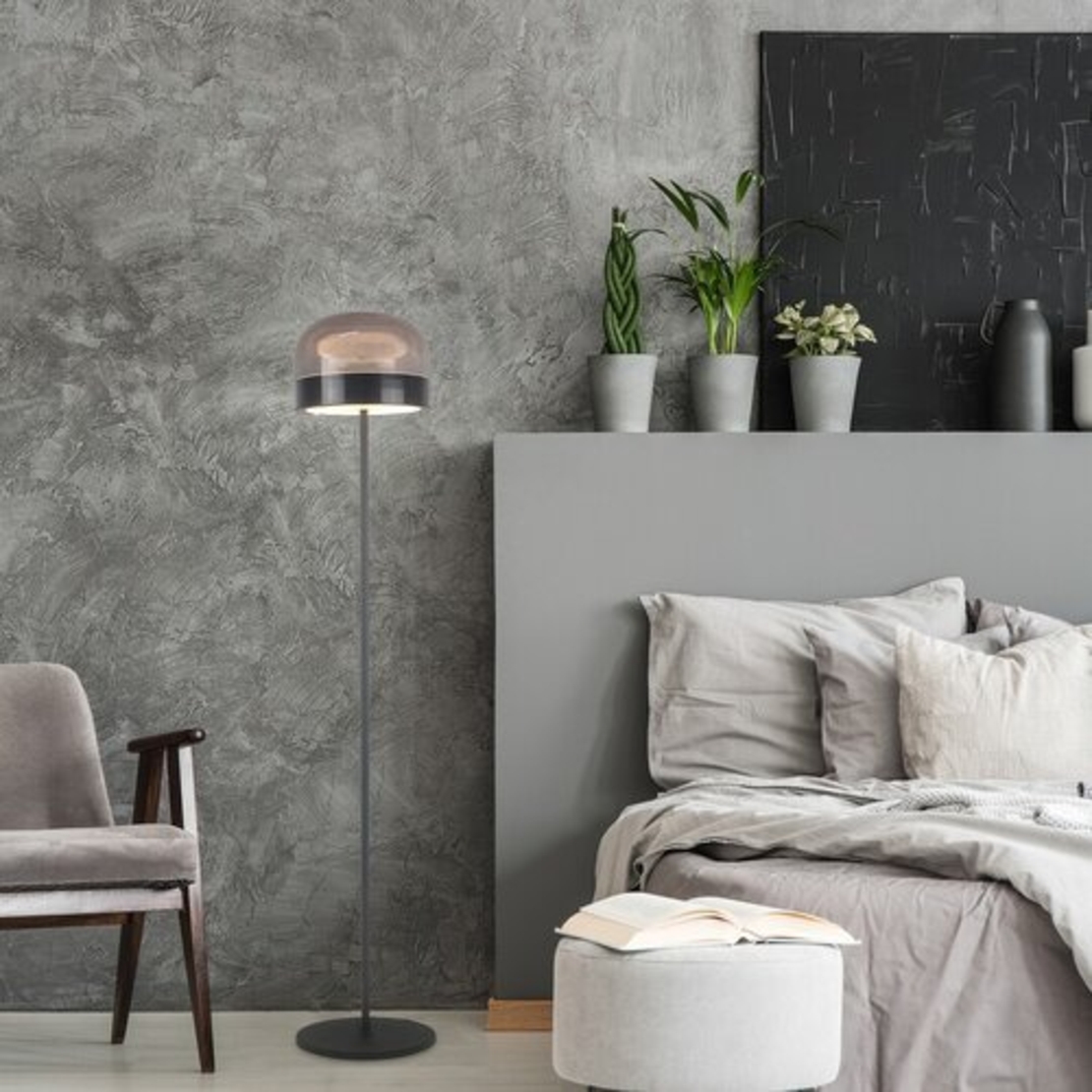 Модерен LED лампион – 20W, 3000K–6000K, IP20, димируем, черен метал и опушено стъкло