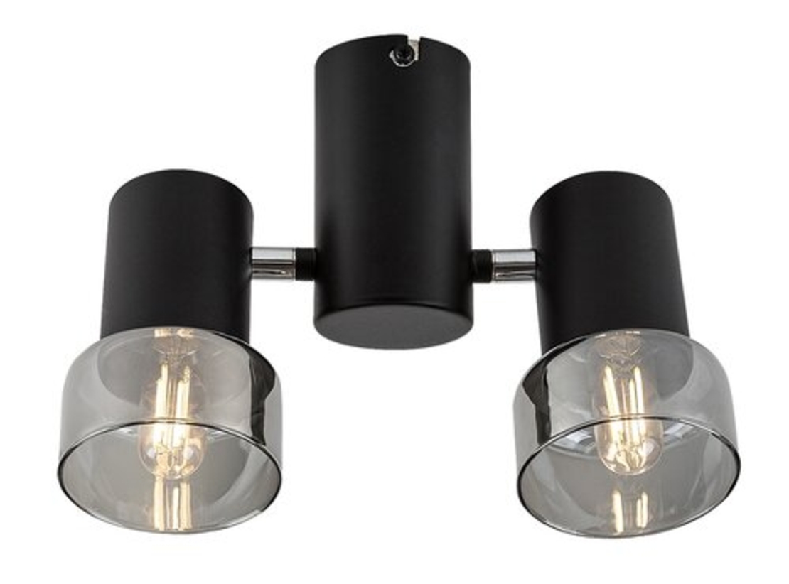 Модерен двоен спот – E14, 2xMAX15W, IP20, черен метал, стъкло с димен цвят