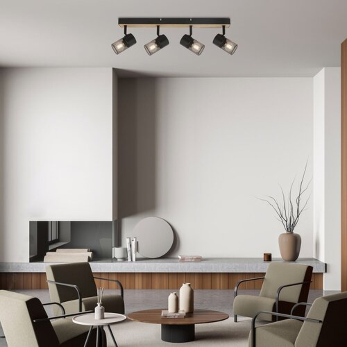 Индустриален спот 4xE14 – метал и дърво в цвят дъб с черни абажури