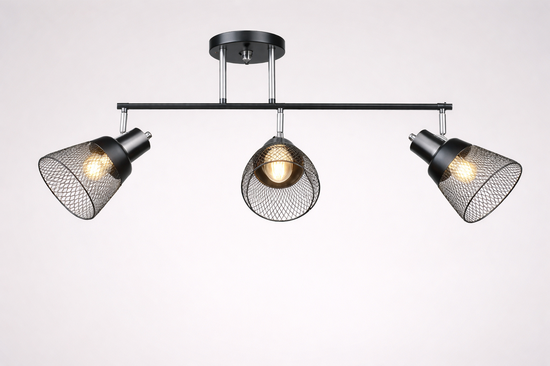 Модерен полилей 3 × E27 с метална мрежа – черно и хром