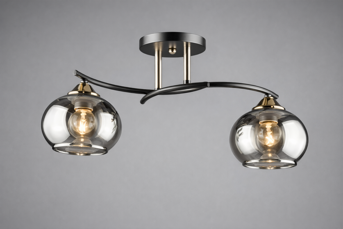 Модерен полилей 2 × E27 с метал и стъкло – черно и хром