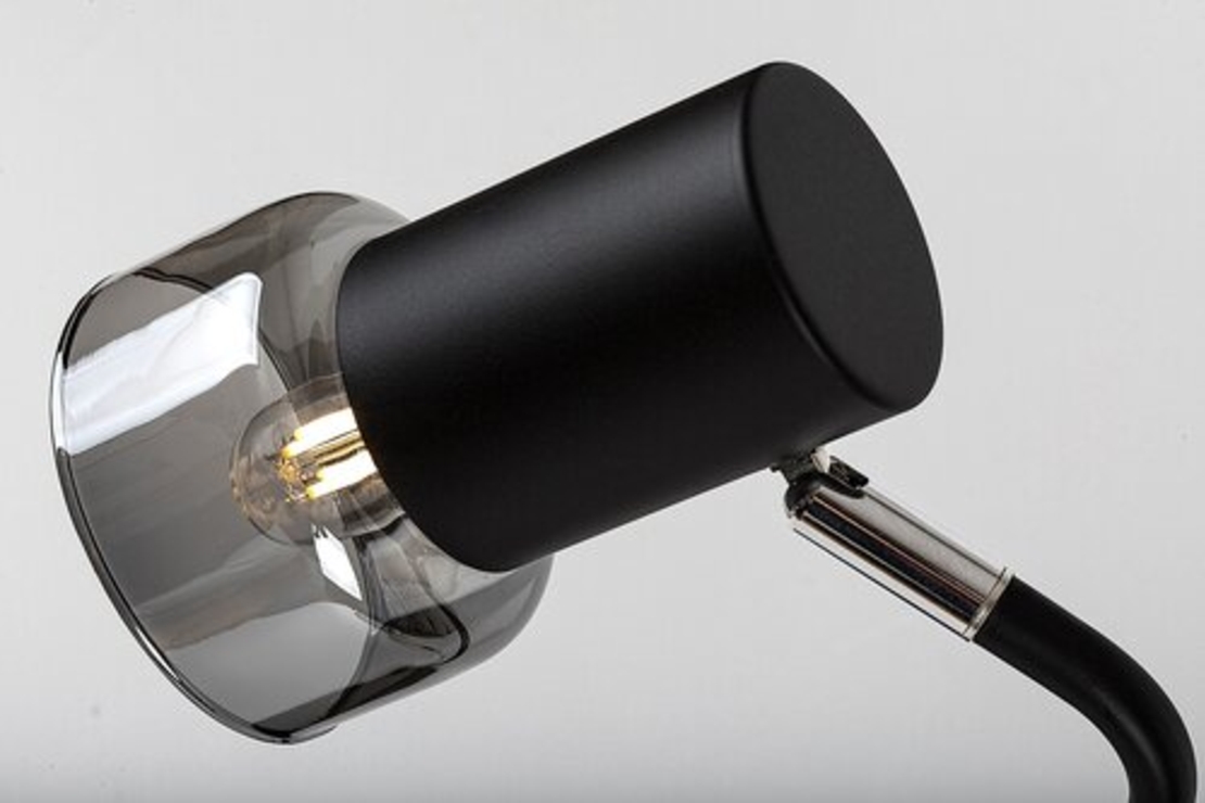 Модерна настолна лампа – E14, 1xMAX15W, IP20, черен метал, стъкло с димен цвят