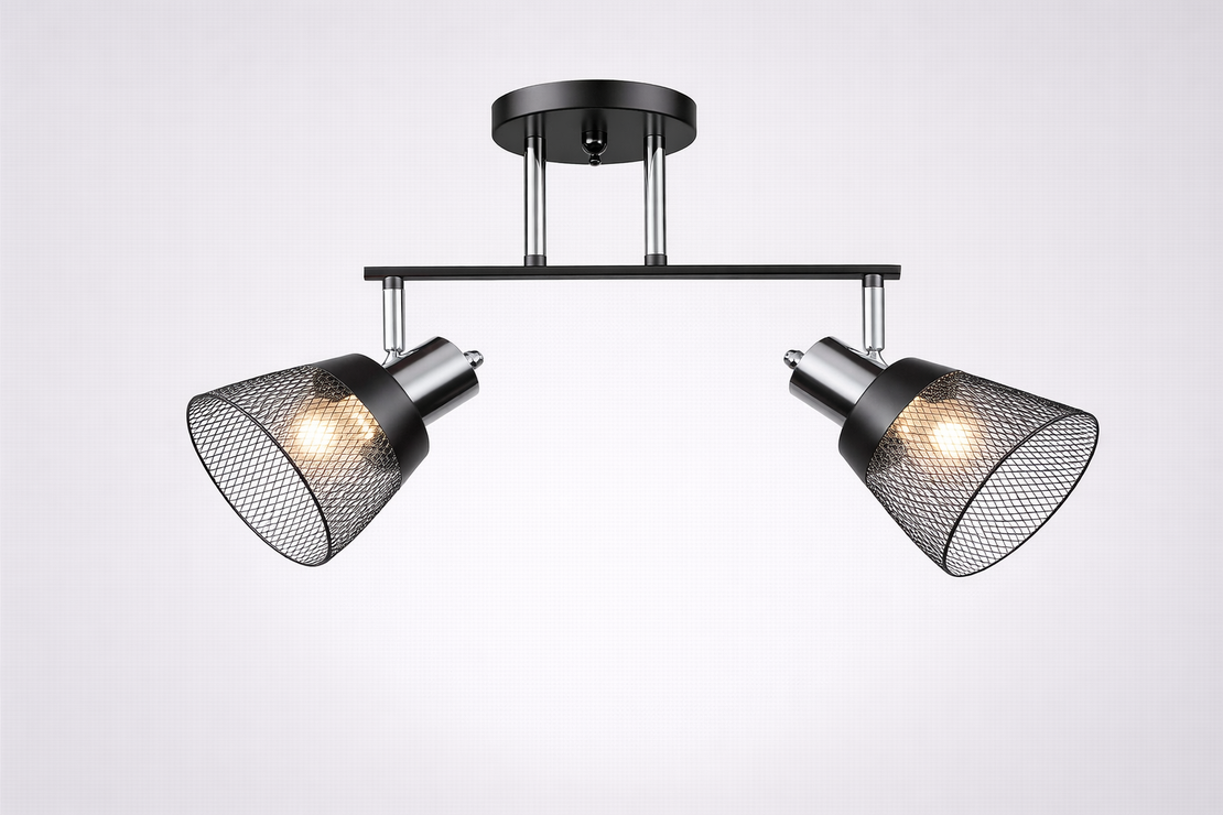 Модерен полилей 2 × E27 с метална мрежа – черно и хром