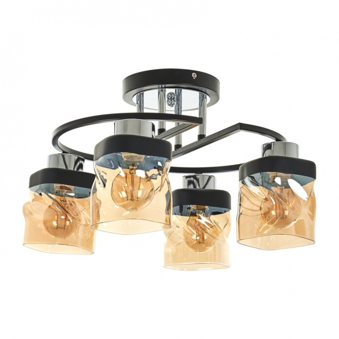 Модерен полилей 4xE27 – черен и хром метал, стъклени абажури