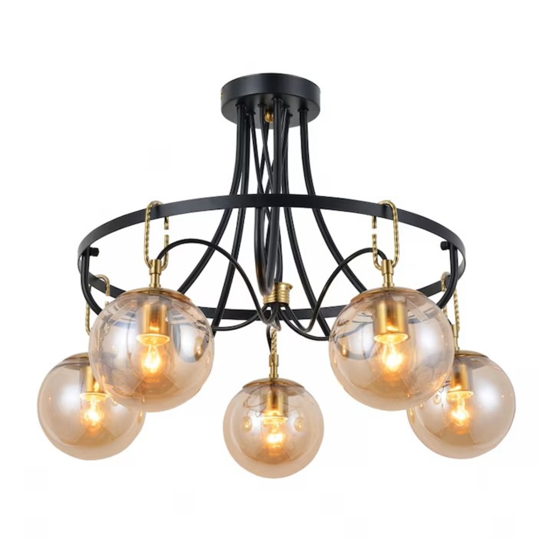 Модерен полилей E27 – черно-златен дизайн с прозрачни стъклени елементи