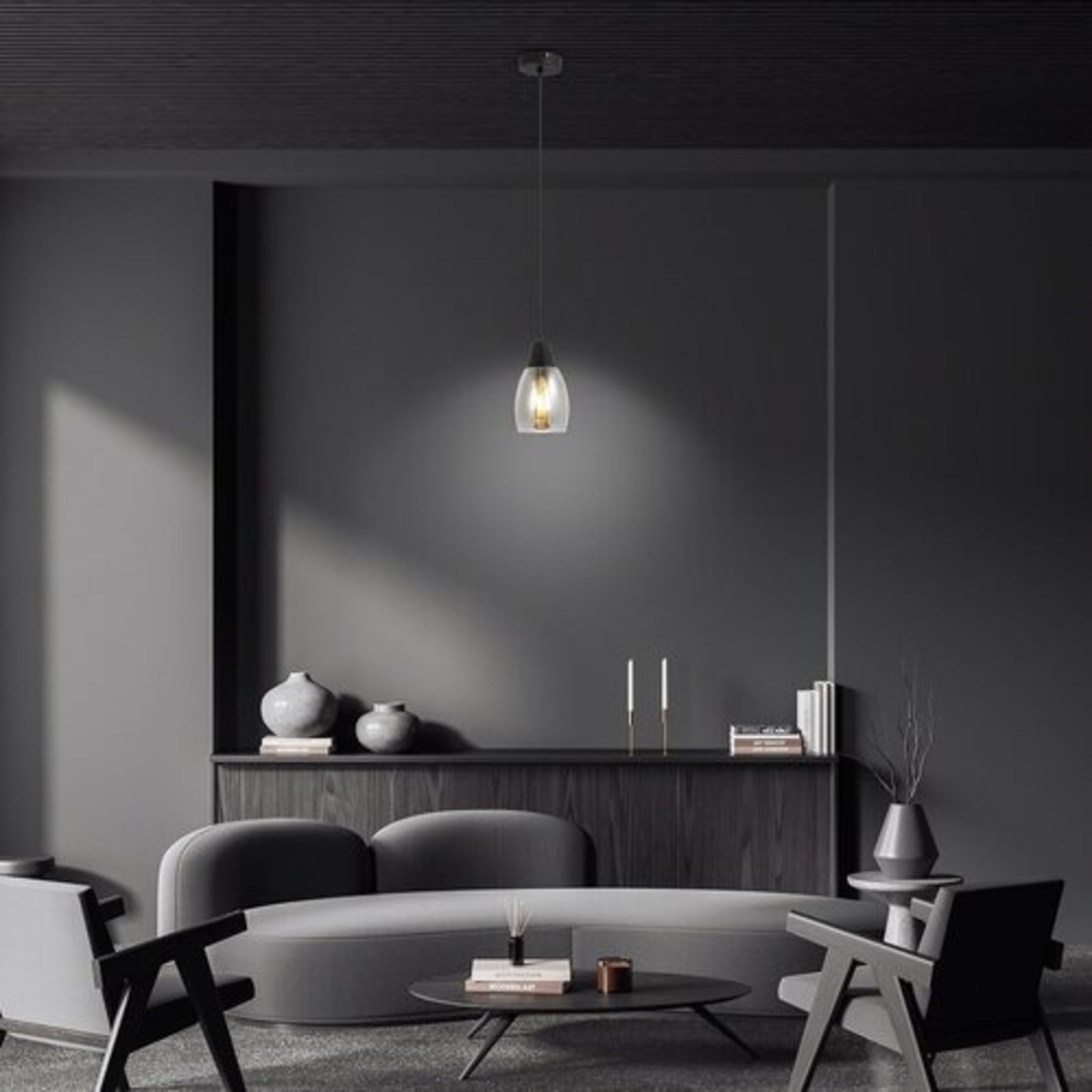 Модерен висящ полилей с 1 светлоизточник – черен с димно стъкло