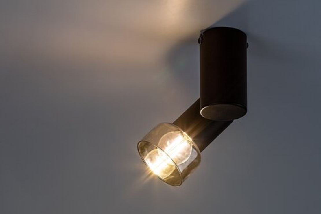 Модерен  единичен спот осветител – E14, 1xMAX15W, IP20, черен метал, стъкло с димен цвят