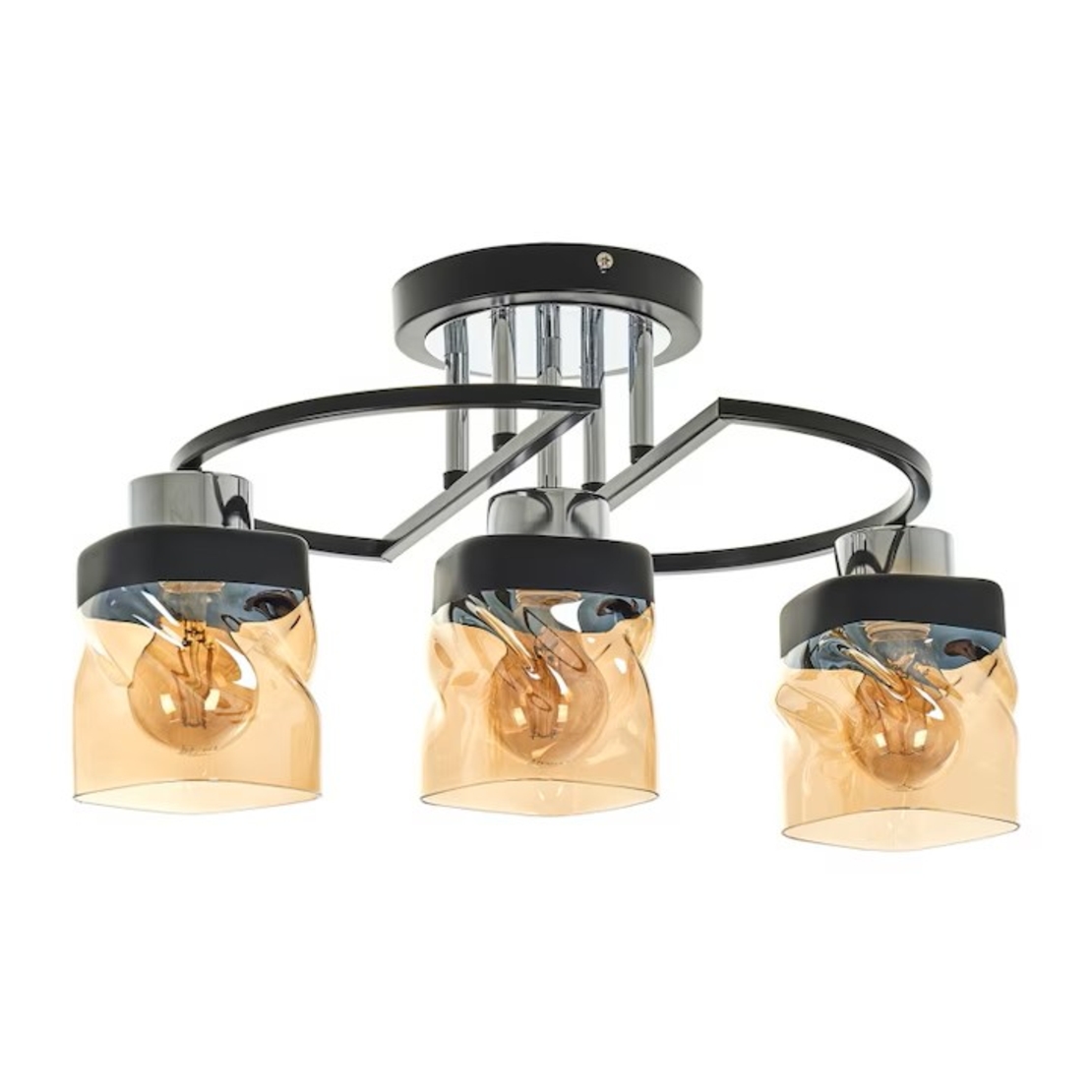 Модерен  полилей 3xE27 – черен и хром метал, стъклени абажури