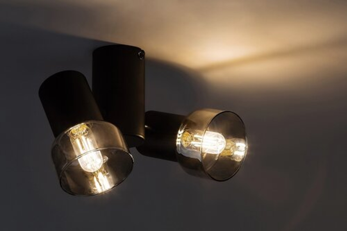 Модерен двоен спот – E14, 2xMAX15W, IP20, черен метал, стъкло с димен цвят