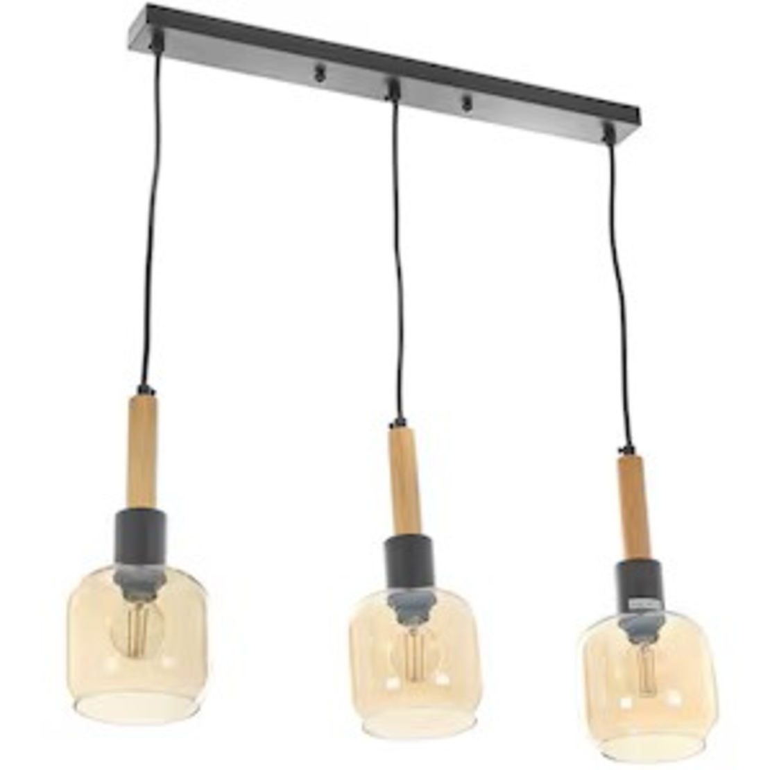 Винтидж полилей от черен метал, дърво и стъкло – 3xE14, регулируема височина