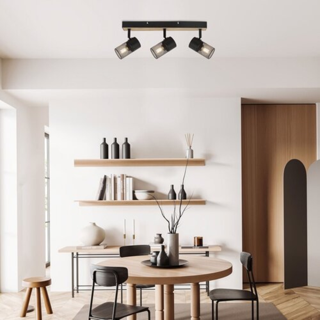 Индустриален спот 3xE14 – метал и дърво в цвят дъб с черни абажури