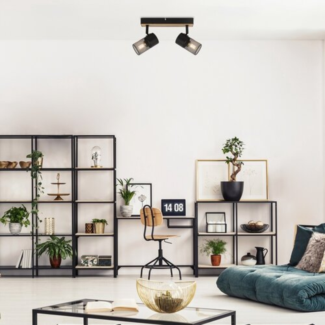 Индустриален спот 2xE14 – метал и дърво в цвят дъб с черни абажури