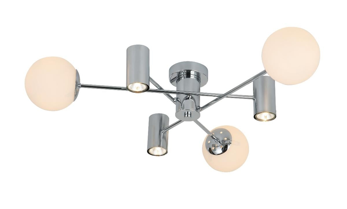 Модерен хромиран полилей от метал и стъкло – E27 + GU10, 6 светлоизточника