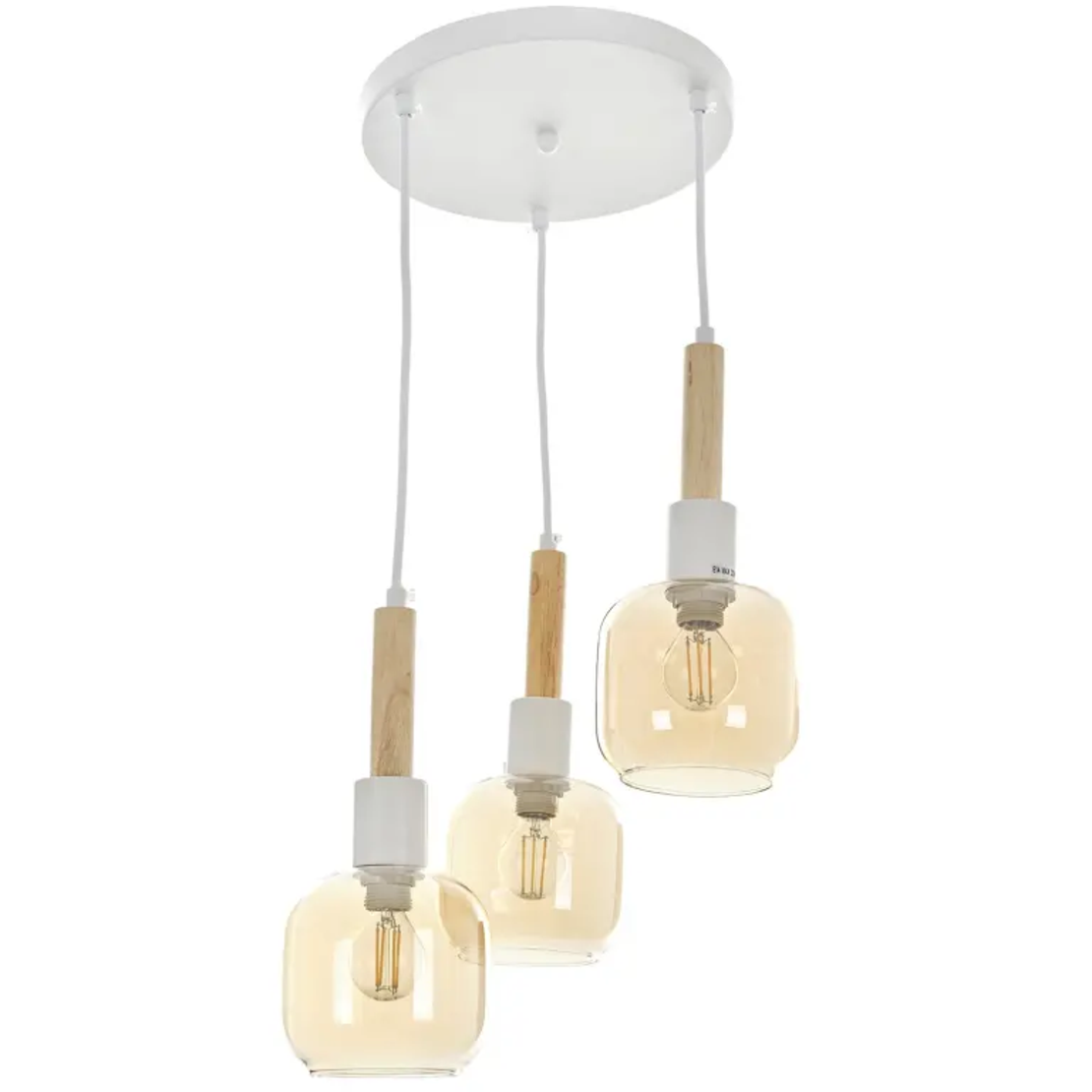 Винтидж висящ полилей 3xE14 – бял метал и дърво, регулируема височина