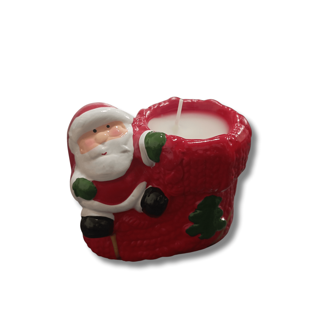 Коледна Декоративна Свещ в Червен Керамичен Ботуш с Дядо Коледа