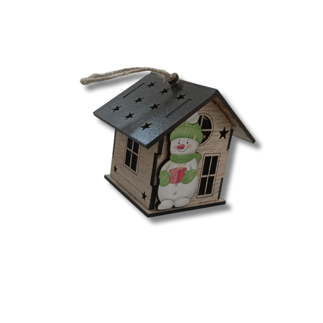 Дървена Коледна Къщичка-Свещник със Снежен Човек – Рустик Стил с LED Ефект