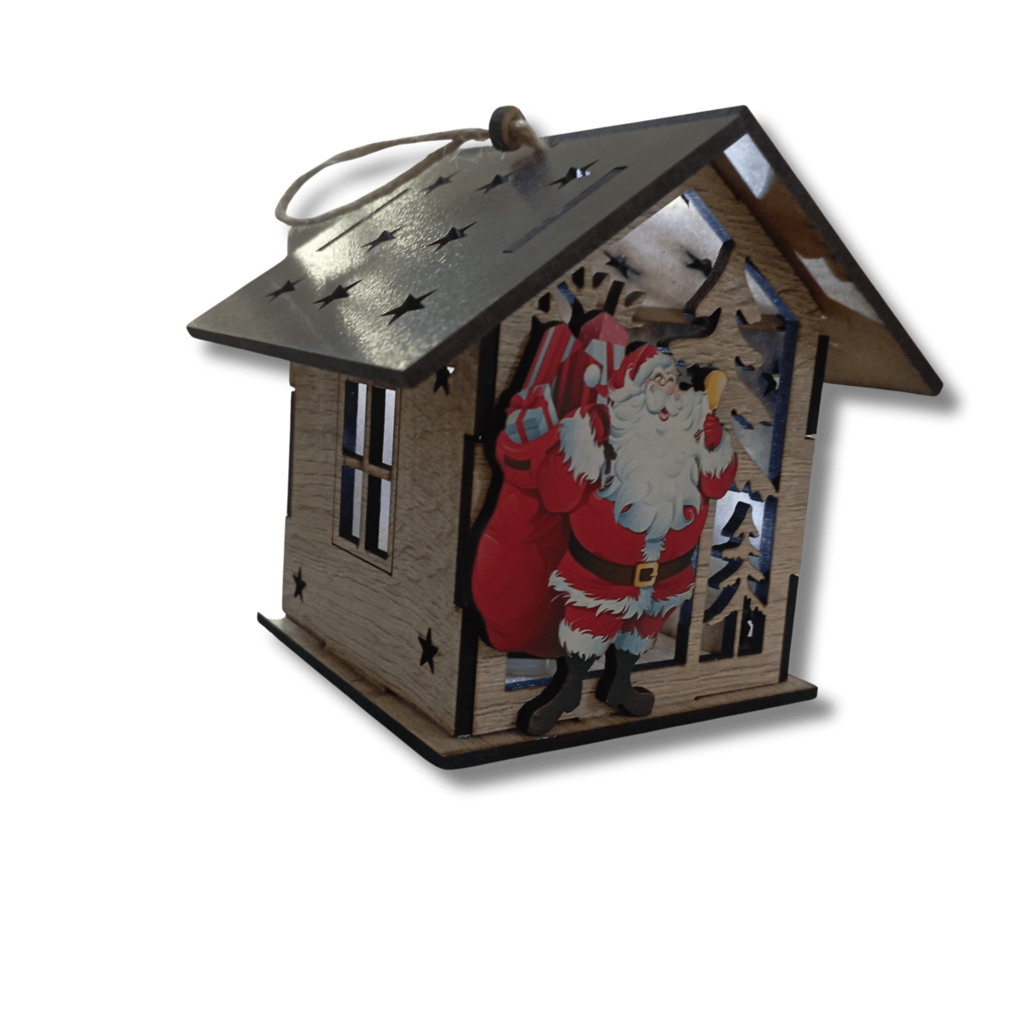 Дървена Коледна Къщичка-Свещник с Дядо Коледа – Рустик Стил с LED Ефект