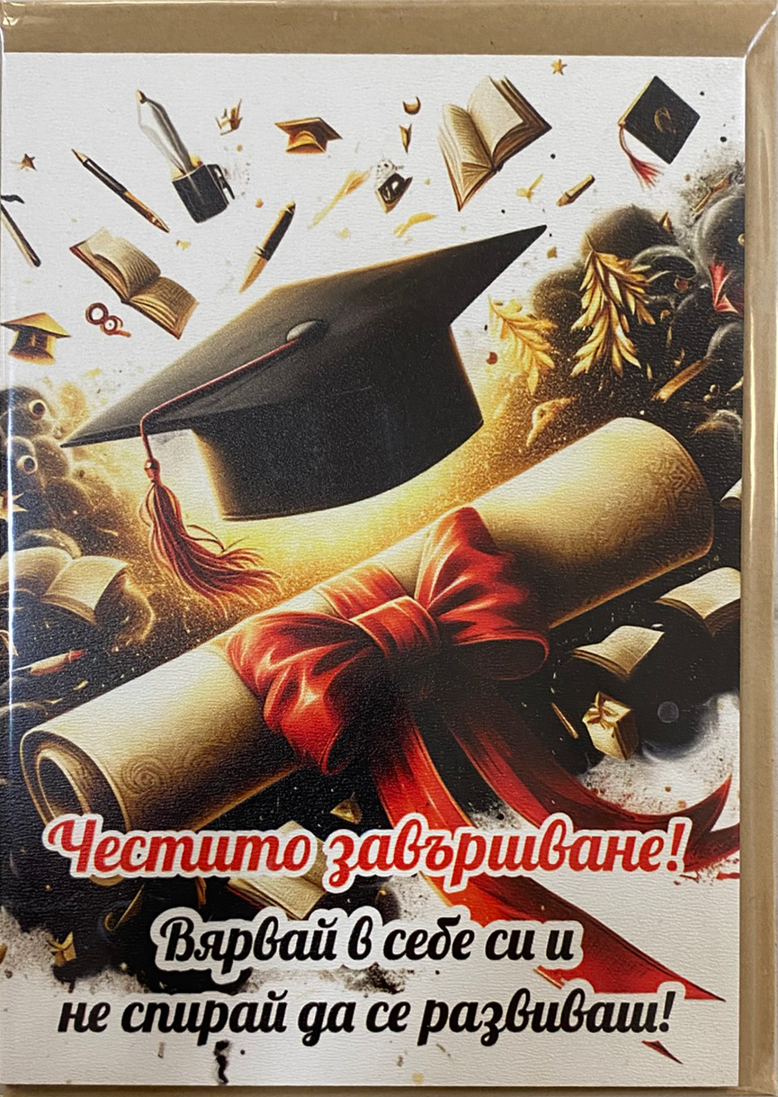 Дървена картичка за дипломиране с крафт плик
