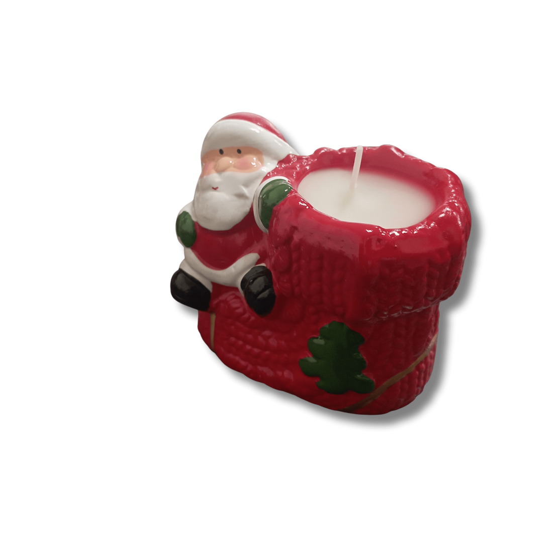 Коледна Декоративна Свещ в Червен Керамичен Ботуш с Дядо Коледа