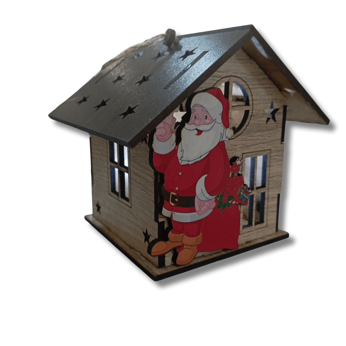 Дървена Коледна Къщичка-Свещник с Дядо коледа – Рустик Стил с LED Ефект