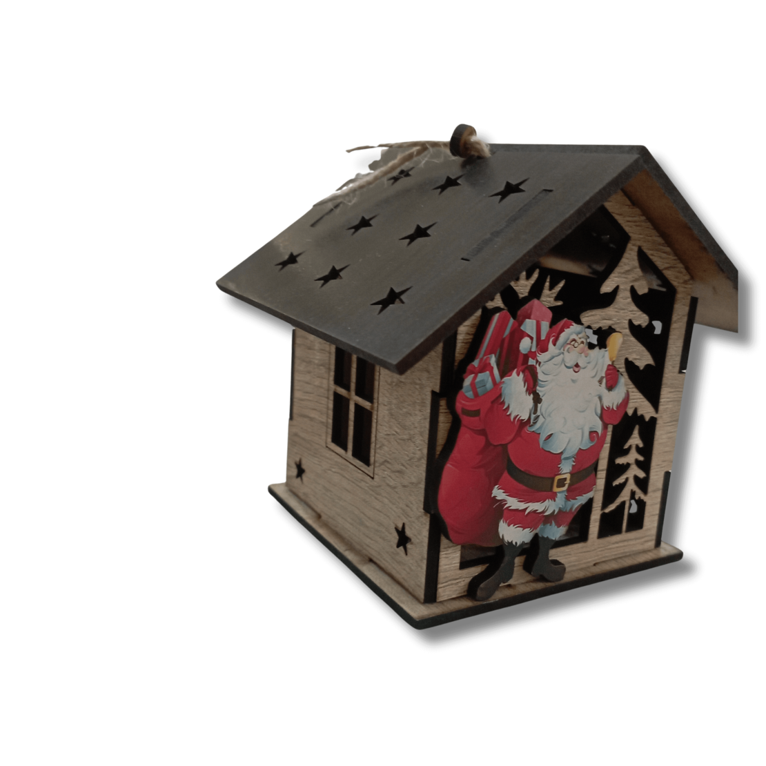 Дървена Коледна Къщичка-Свещник с Дядо Коледа – Рустик Стил с LED Ефект