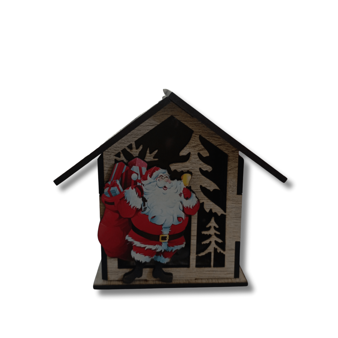 Дървена Коледна Къщичка-Свещник с Дядо Коледа – Рустик Стил с LED Ефект
