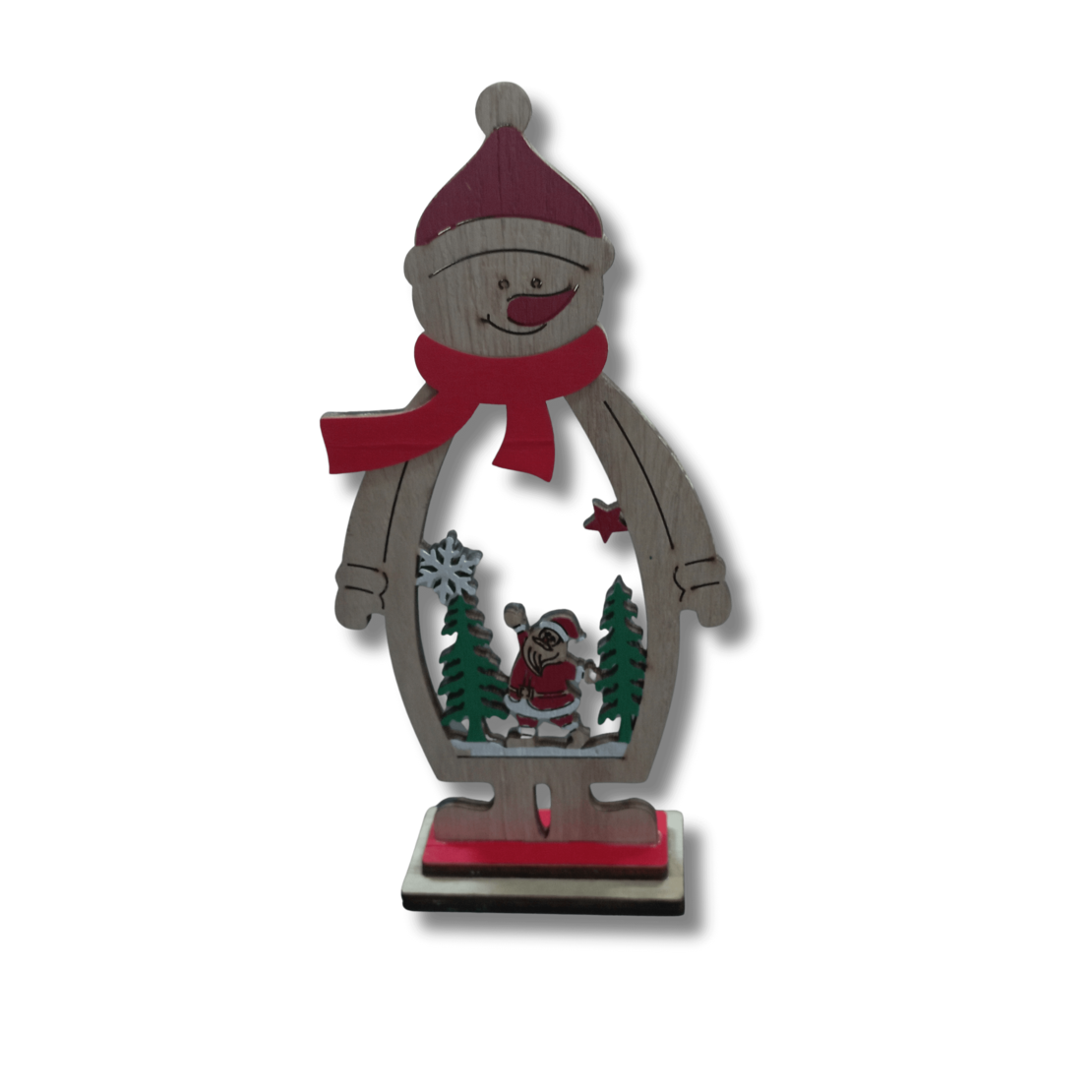 Дървена Коледна Декорация – Ажурна Фигурка Снежен човек с Миниатюрна Сцена – Рустик Стил