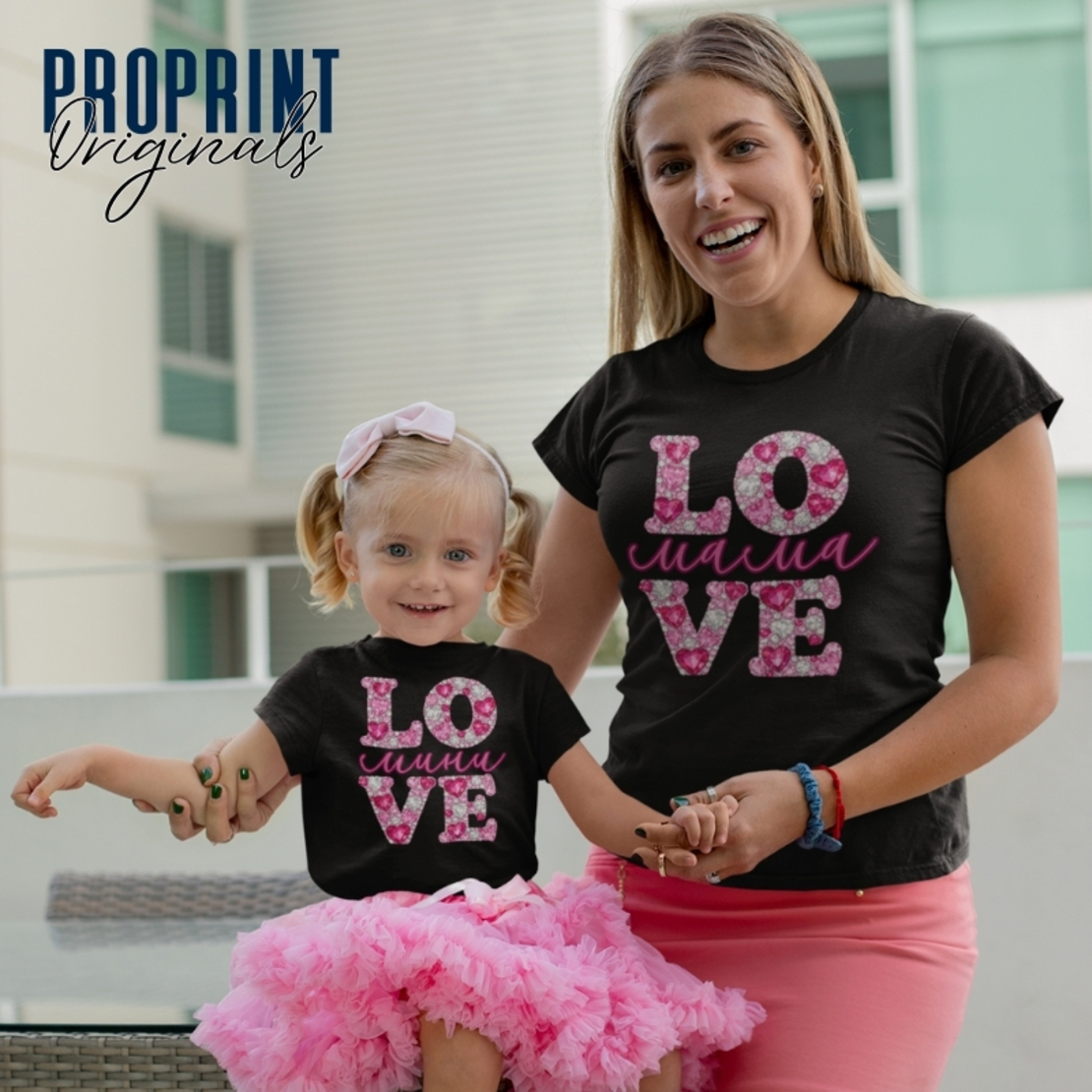 Комплект Тениски „Мама и аз“ LOVE с принт розови кристали