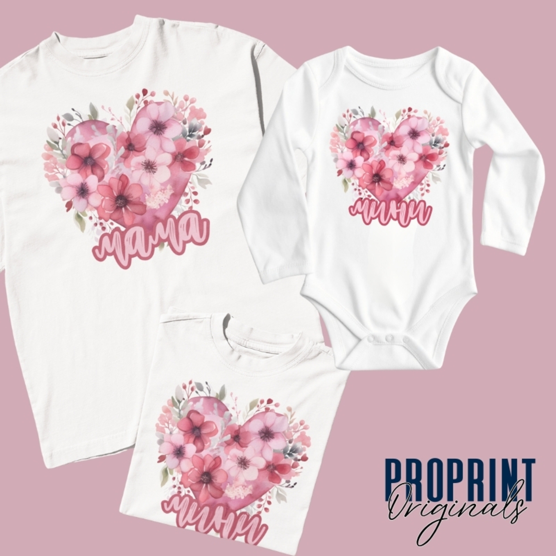 Комплект тениски „Мама и аз“ с розово сърце и цветя