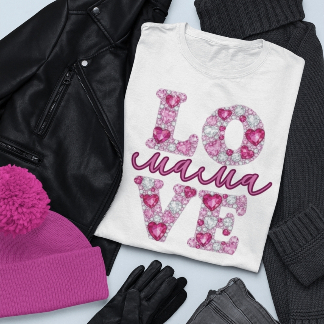 Комплект Тениски „Мама и аз“ LOVE с принт розови кристали