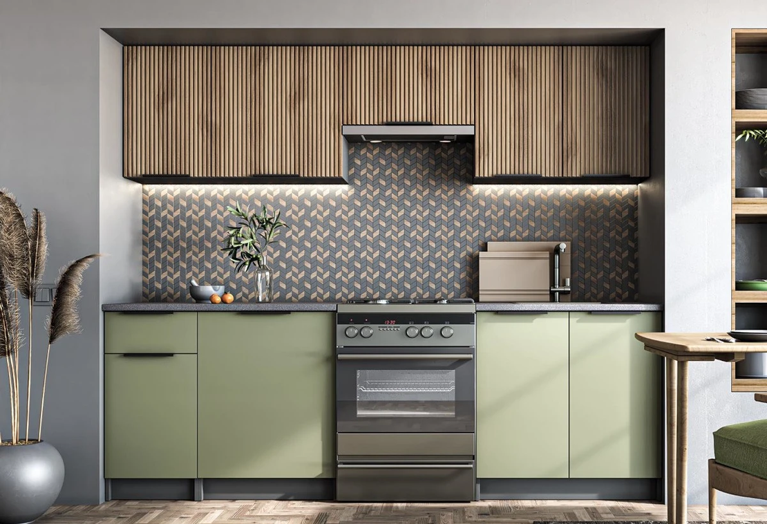 Кухня KSENIA 2.40 светъл орех/пистачио/антрацит/плот сиво