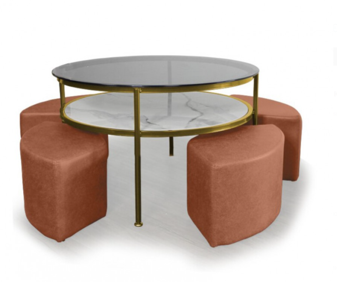 Комплект от четири табуретки и холна маса със стъклен плот