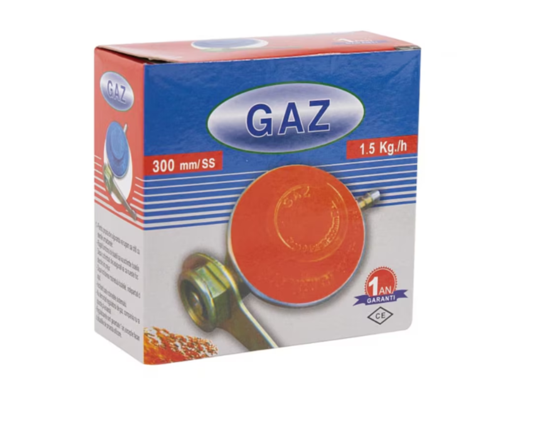 Газов регулатор с часовник и ключ за цилиндър, дебит 1,5 кг/ч, налягане 30 mbar, стандартна резба, съвместим с пропан-бутан, безопасен, издръжлив, лесен за монтаж, идеален за печка, барбекю и къмпинг