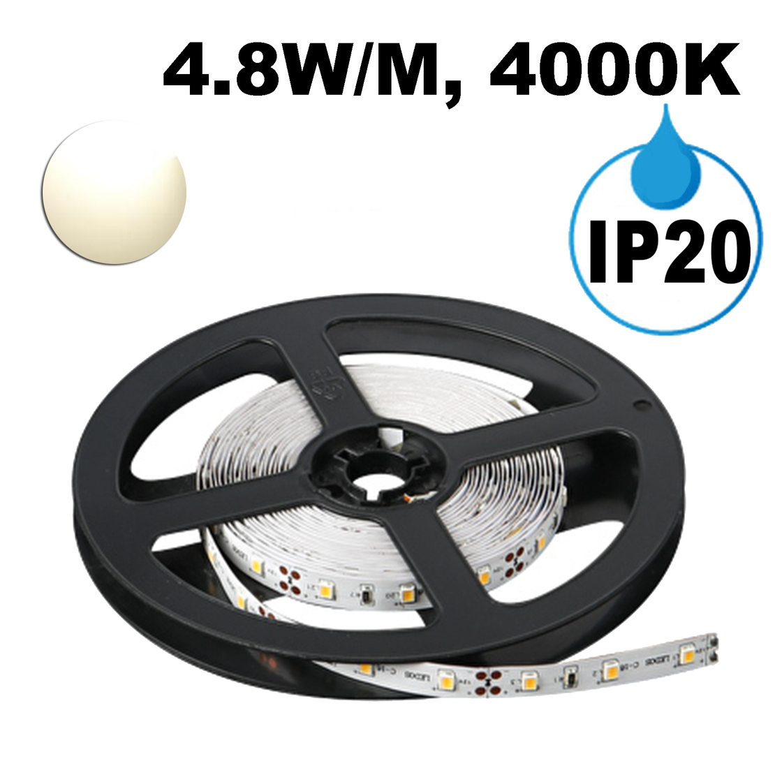 LED ЛЕНТА, 4.8W/M, 4000K, 12V DC, SMD2835, 60 LEDS/M, IP20