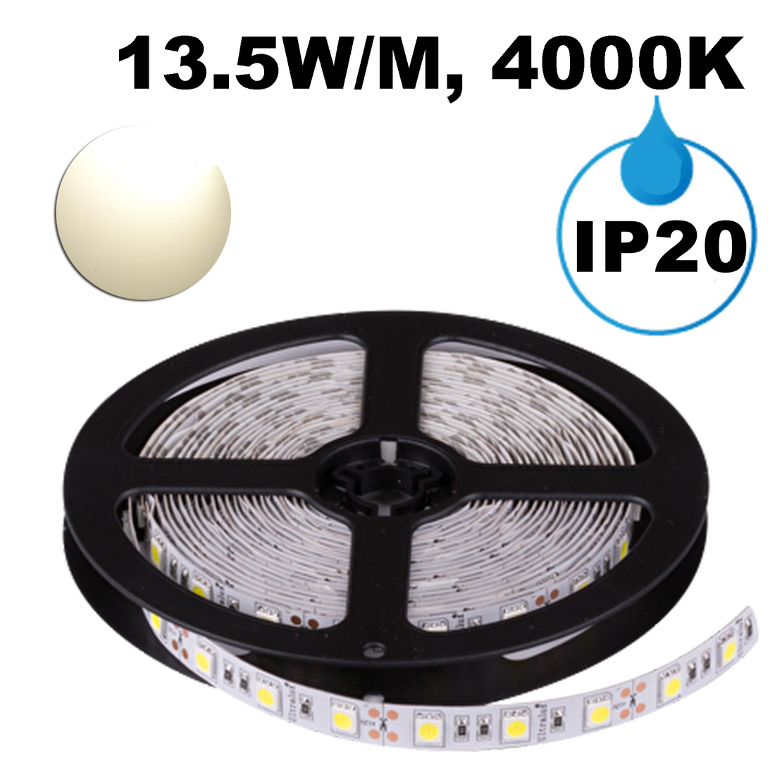 LED ЛЕНТА, 13.5W/M, 4000K, 12V DC, SMD5050, 60 LEDS/M, IP20