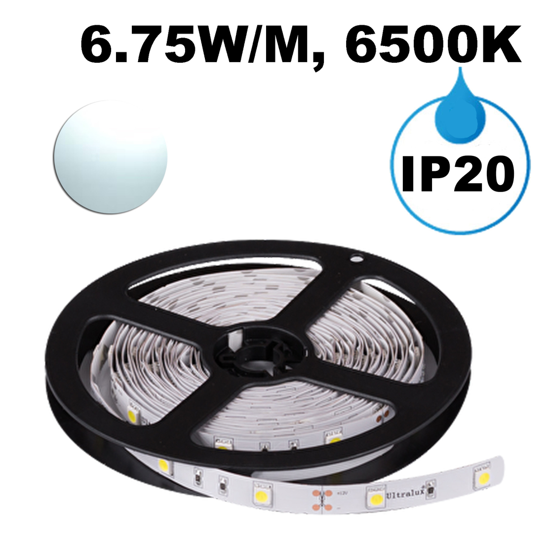 LED ЛЕНТА, 6.75W/M, 6500K, 12V DC, SMD5050, 30 LEDS/M, IP20
