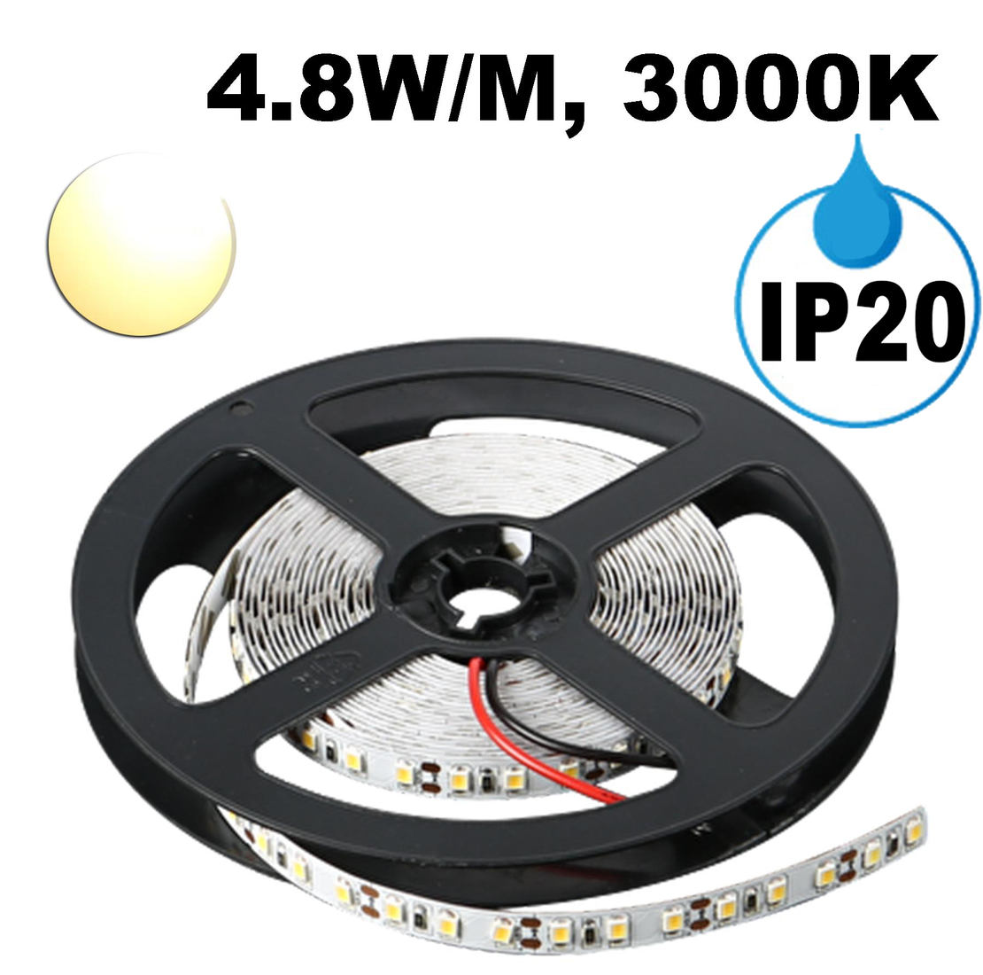 LED лента, 4.8W/m, 3000K, 12V DC, SMD2835, 60 LEDs/m, IP20