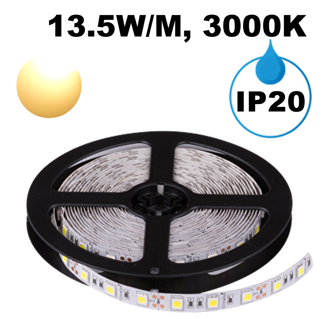LED ЛЕНТА, 13.5W/M, 3000K, 12V DC, SMD5050, 60 LEDS/M, IP20